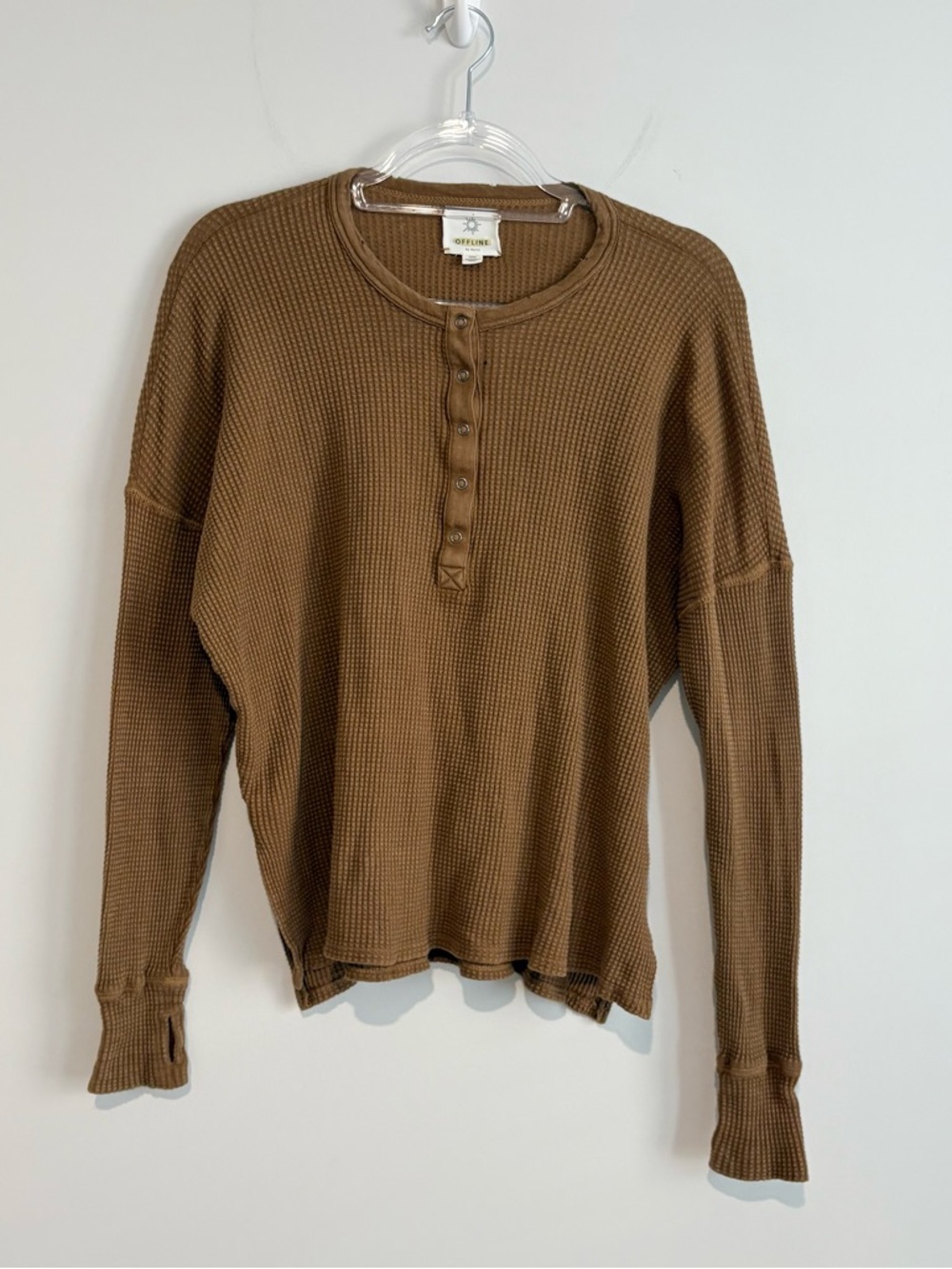 Aerie Waffle Thermal Henley long sleeve shirt‎ brown tan size small